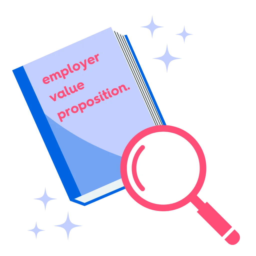 Buch mit dem Titel "Employer Value Proposition) und einer Lupe.
